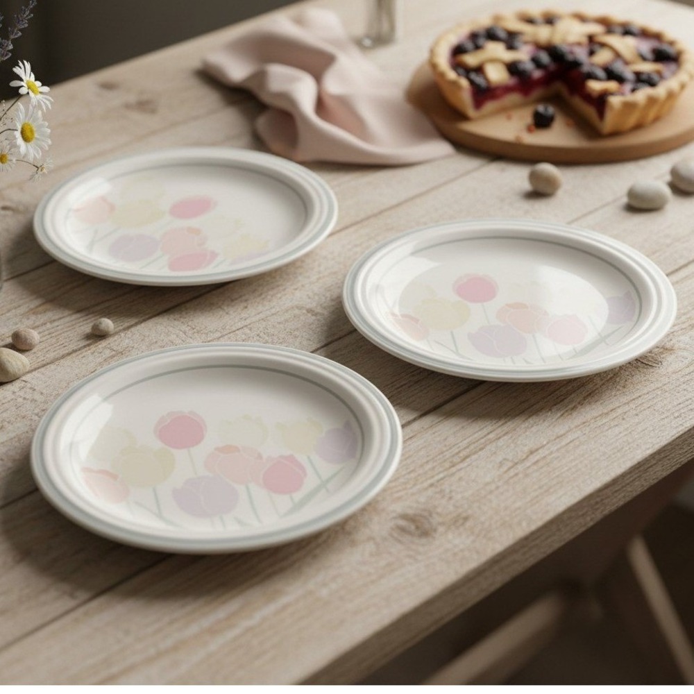 International China Spring Up 3 Salad Plates Pastel Tulips Stoneware 8777 Japan
